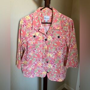 Women’s Denim Peachy/Coral Flower Print 3/4 Sleeve Jean Jacket. Tog Shop, Size L